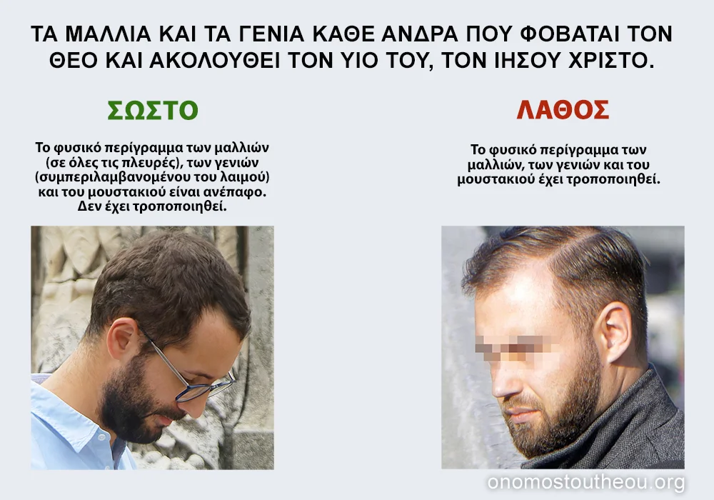 Δύο άνδρες δίπλα-δίπλα δείχνουν τον σωστό και τον λανθασμένο τρόπο διατήρησης των γενιών και των μαλλιών σύμφωνα με την εντολή του Θεού.